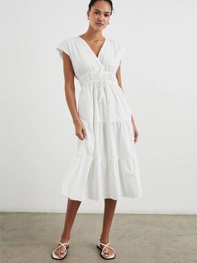 NEW Rails Lucia dress White V-Neck Tiered Midi Dress Drawstring Waist medium